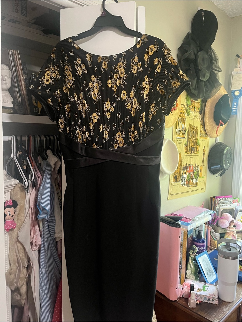 Tatyana Black Midi/Wiggle Dress with Gold Floral Bodice
